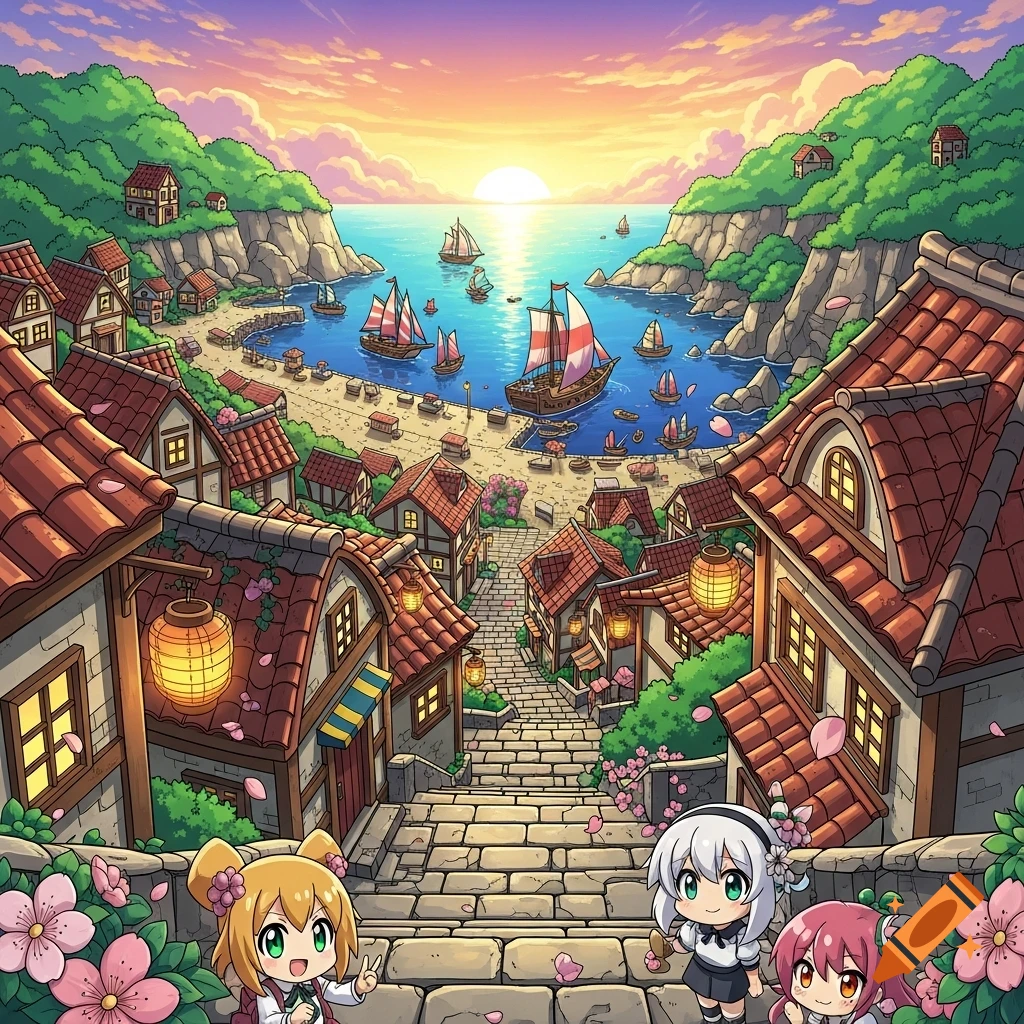 Anime style illustration of a vibrant coastal village at sunset, with boats in a bay and three cute anime girls on a stone staircase.