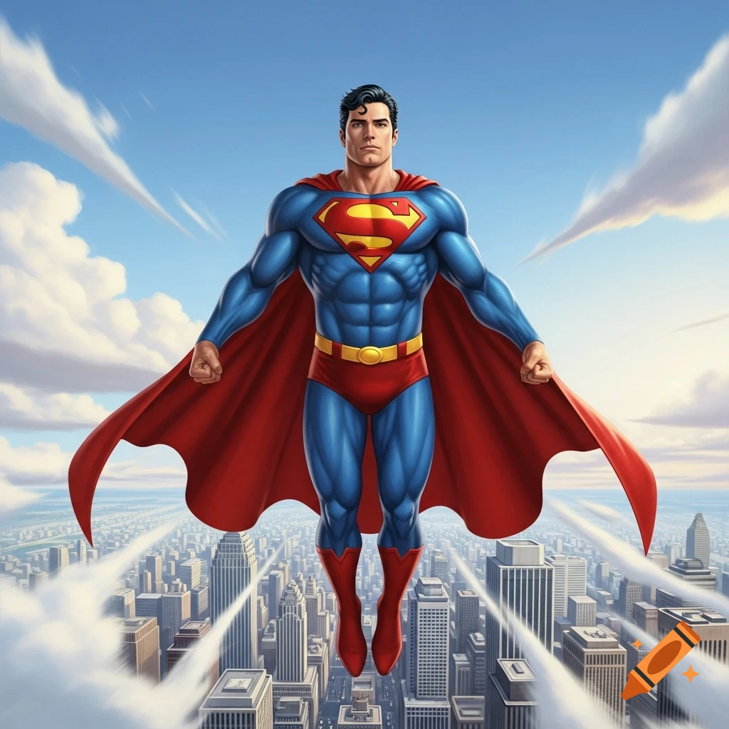 Superman in his iconic blue and red suit with a red cape flies high above a sprawling city under a clear blue sky.