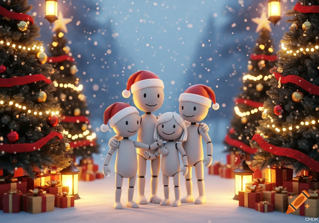 Four stylized dummy characters in Santa hats pose in a snowy Christmas scene with decorated trees and presents, digital illustration.