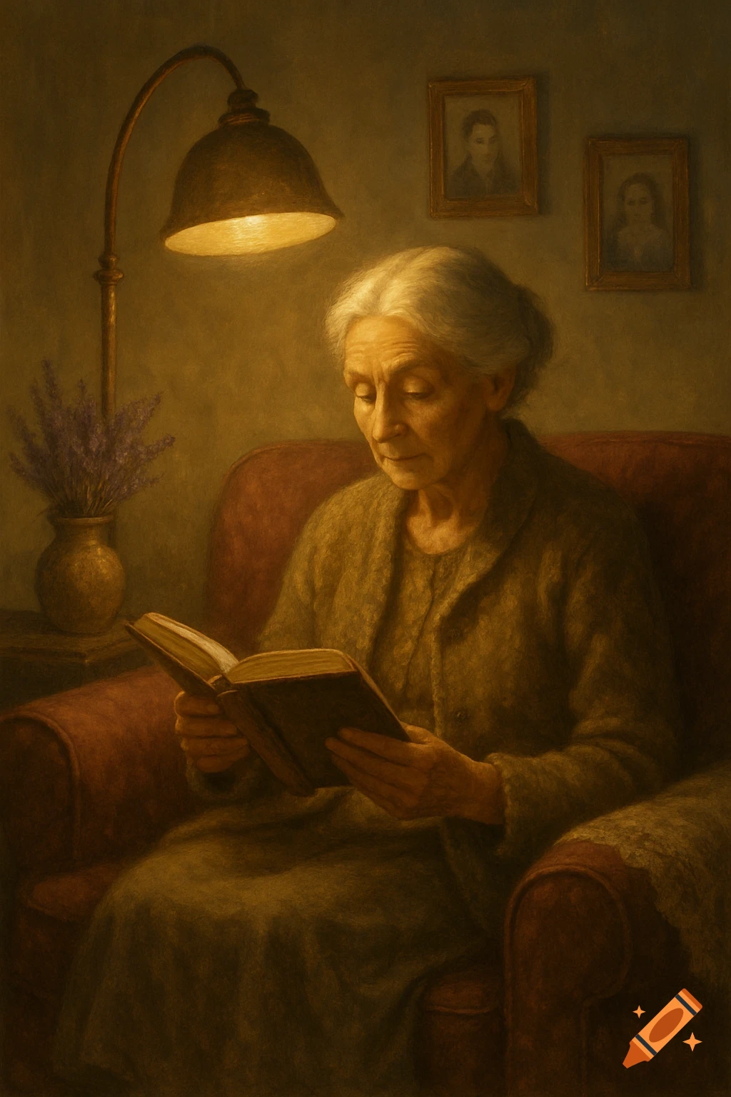 An elderly woman with white hair sits in a chair, engrossed in reading a book under the warm glow of a lamp. It's a dimly lit painting.