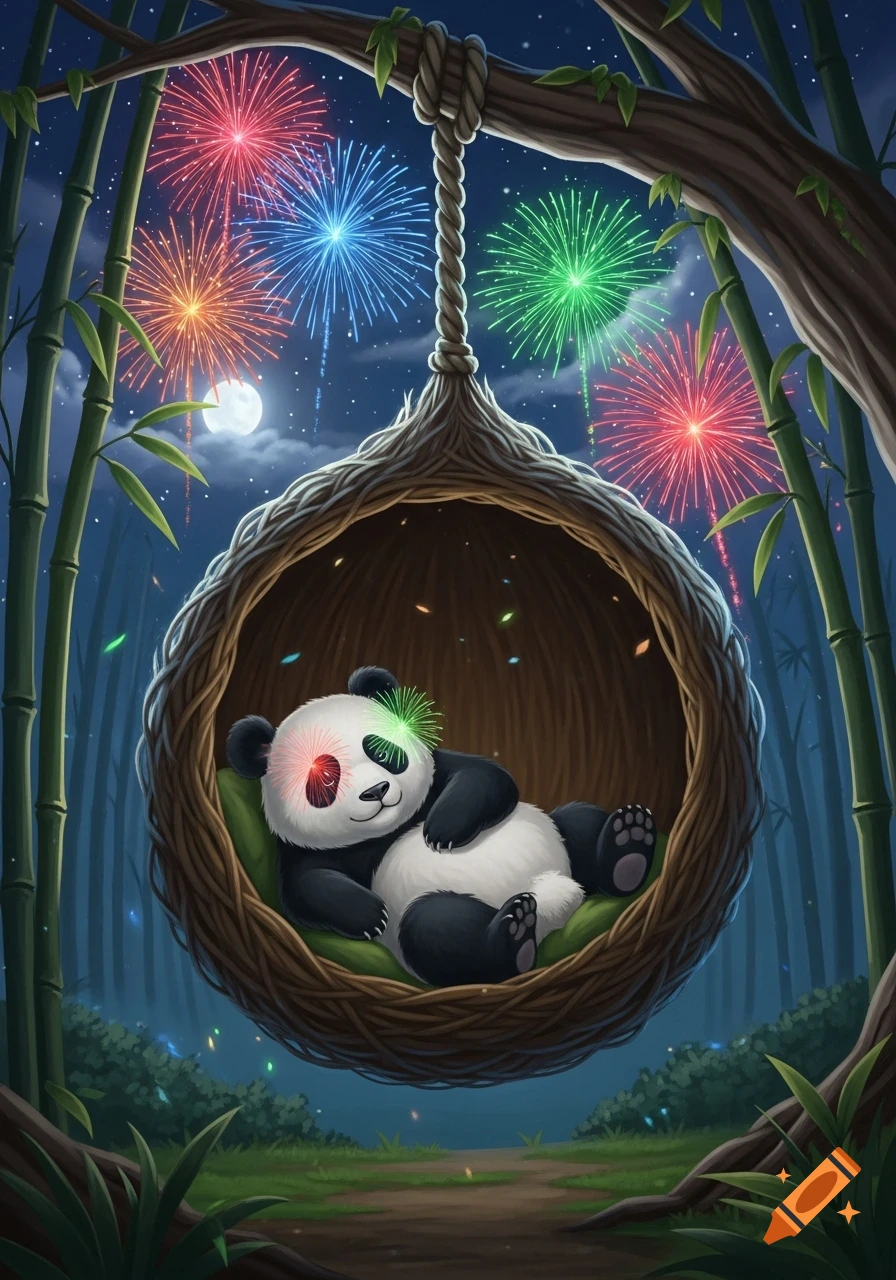 An illustrated fluffy panda sleeps in a nest swing as colorful fireworks explode in the night sky above a bamboo forest.