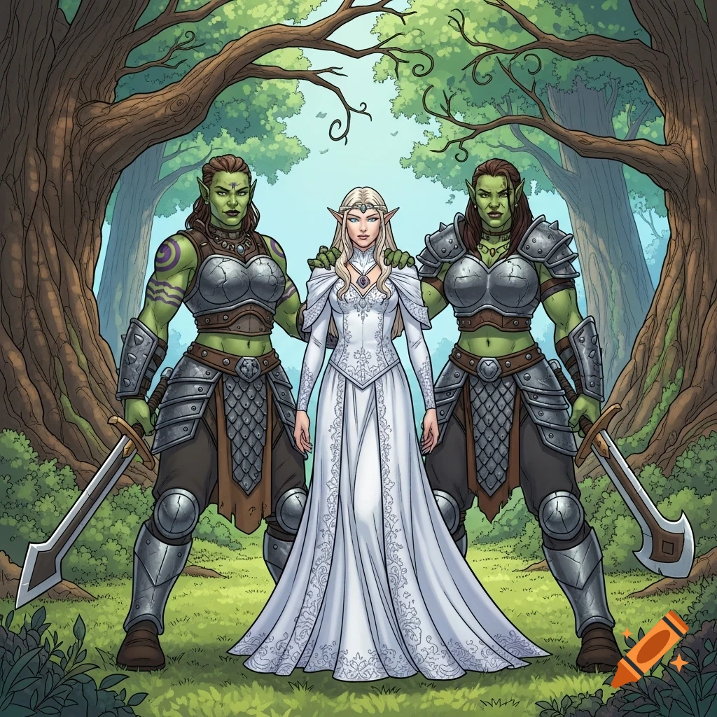 A colorful comic illustration of an elf princess in a white dress standing between two muscular female orcs in armor in a forest.