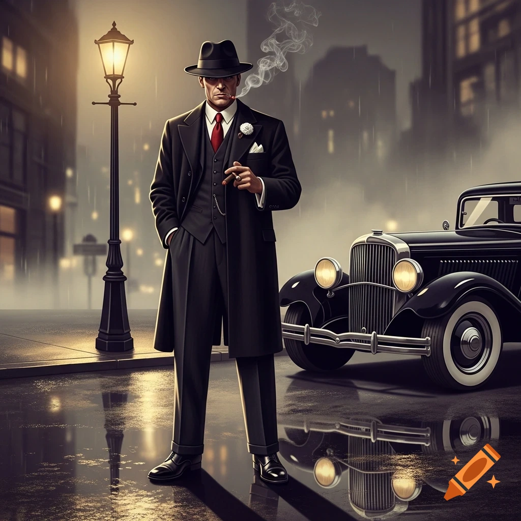 A man in a fedora and trench coat holding a cigar stands on a wet city street at night next to a vintage black car.