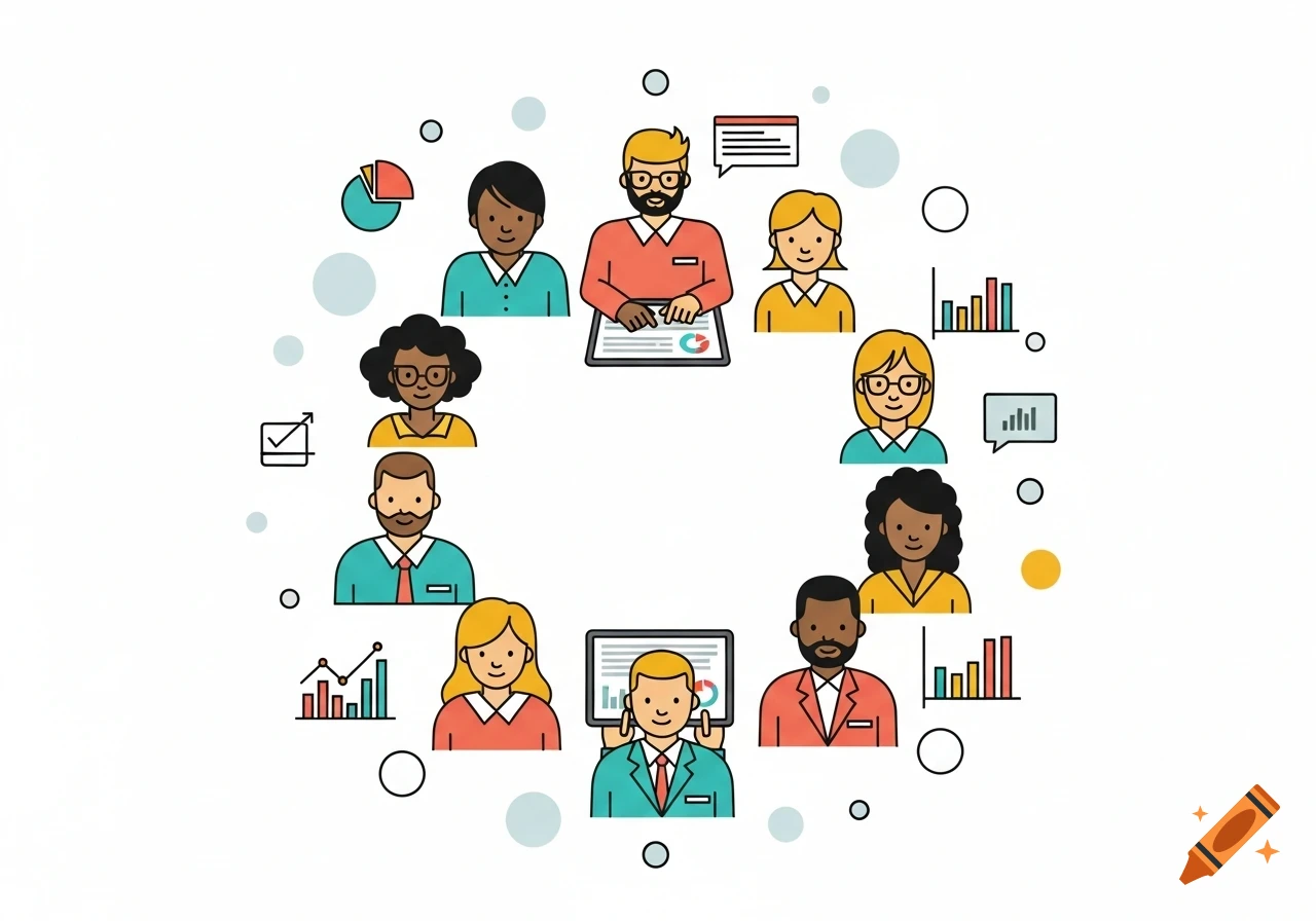 A circle of diverse illustrated people, some holding tablets, surrounded by data visualization icons like bar charts and pie charts.