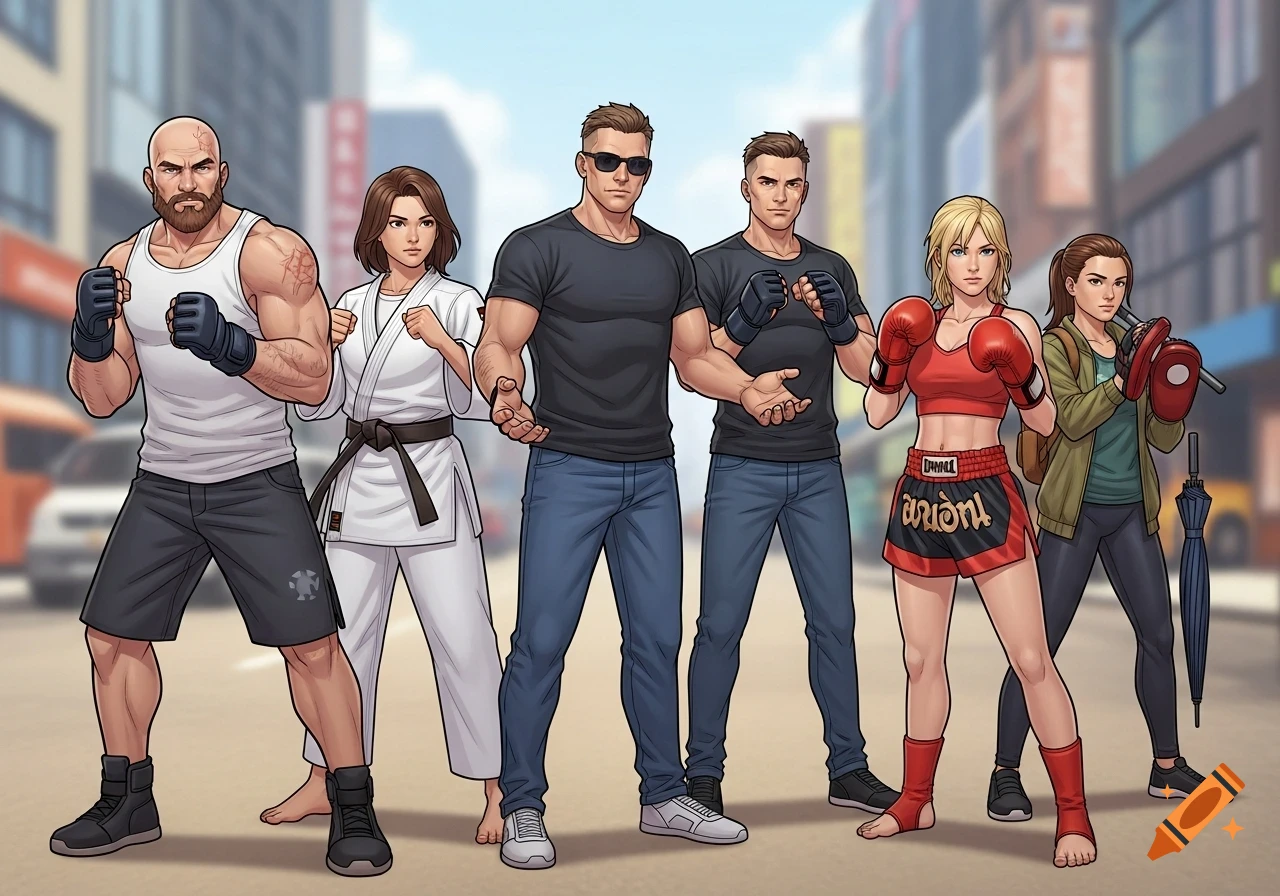 Six diverse cartoon-style martial arts characters, three men and three women, stand in a city street. They wear various fighting gear like MMA gloves, a judo kimono, Muay Thai shorts, and boxing gloves, ready for action.