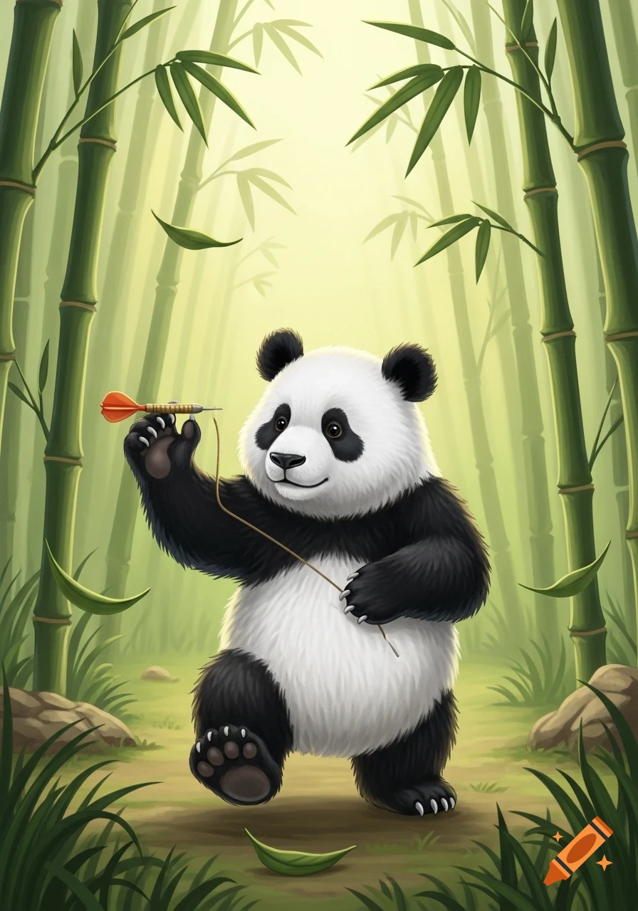A cute cartoon panda stands in a bamboo forest, holding an orange dart, looking ready to throw it.