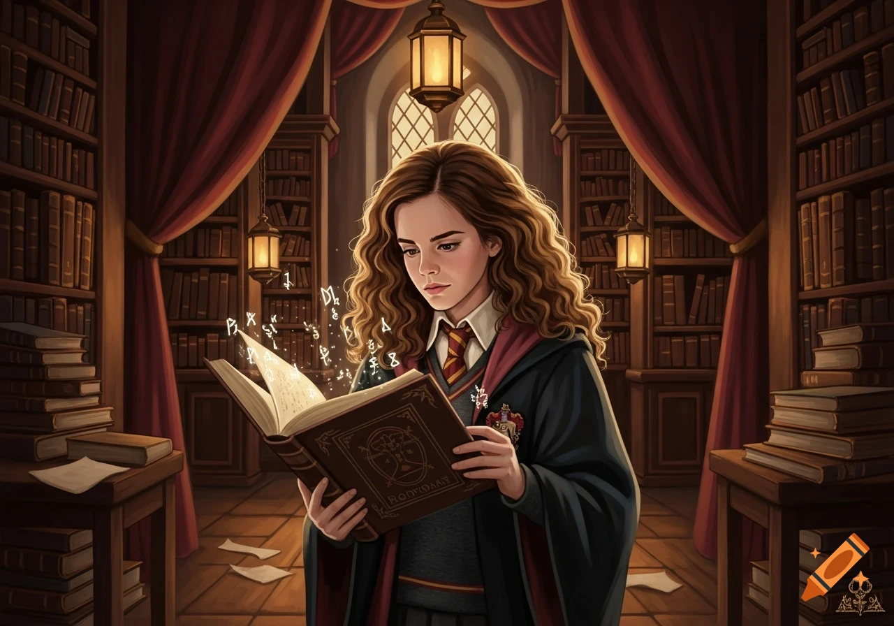 Illustration of Hermione Granger in a magical library, intently reading an open spellbook from which glowing symbols emanate.