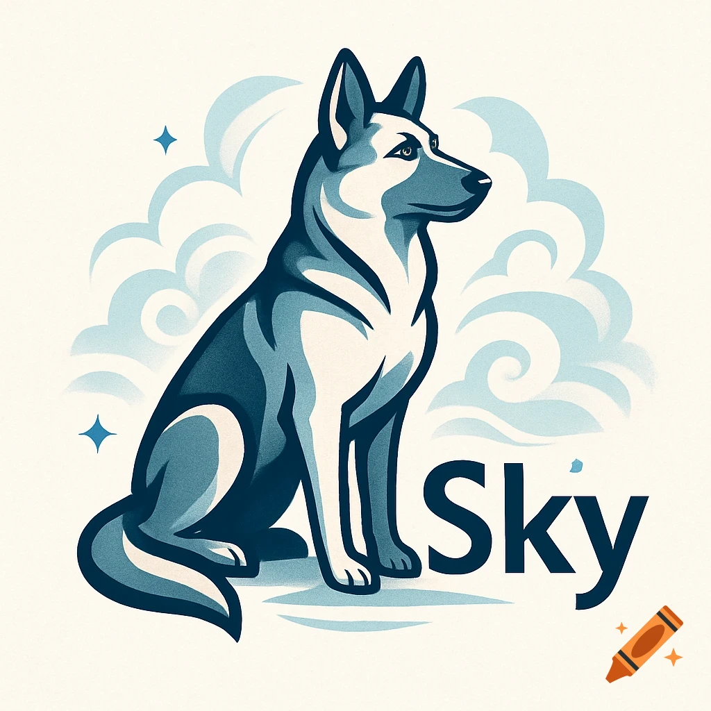 Stylized illustration logo of a blue and white German Shepherd dog sitting with 'Sky' text, clouds, and stars.