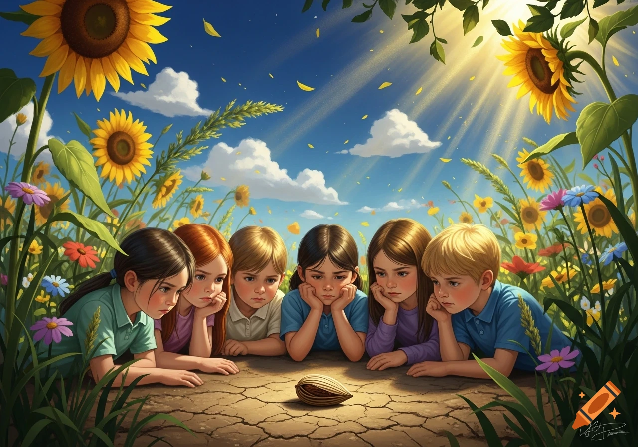 Six diverse children lie in a field of sunflowers under a bright blue sky, intently looking at a dried seed on cracked earth.