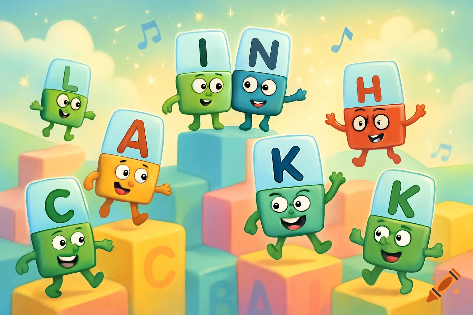 Cartoon anthropomorphic letter blocks playing on colorful building blocks under a sunny sky.