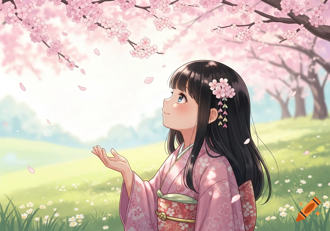 Anime girl in a pink kimono with cherry blossoms in her hair, looking up at falling petals under blooming cherry trees in a field.