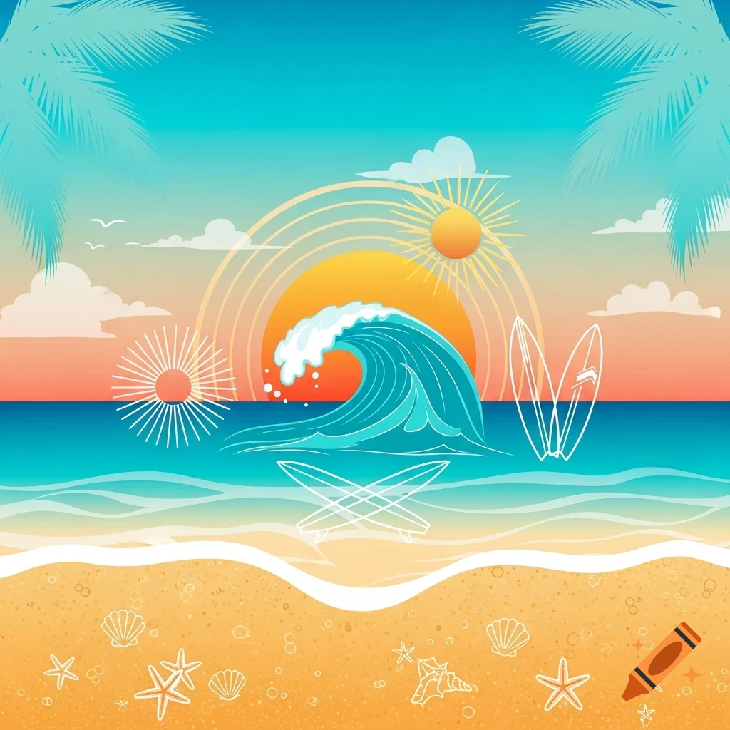 A vibrant, stylized beach illustration featuring a large breaking wave, setting sun, palm leaves, and surfboards on the sand and in the ocean.