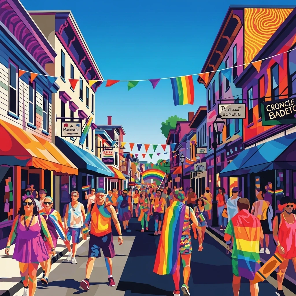 A cubist illustration of a vibrant Pride parade on a colorful street lined with buildings and people carrying rainbow flags.