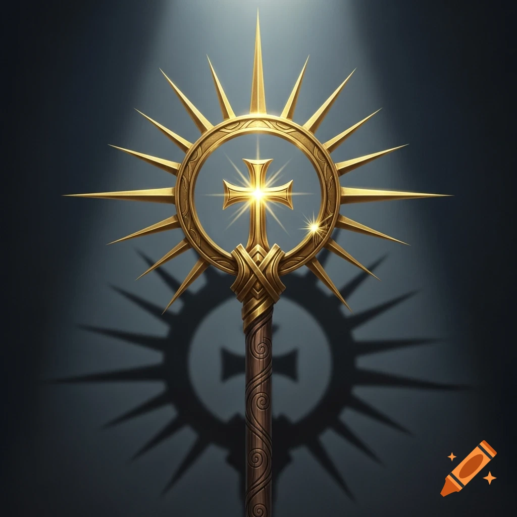 Golden staff with an ornate ring featuring 12 spikes and a glowing cross, set against a dark background with dramatic lighting.
