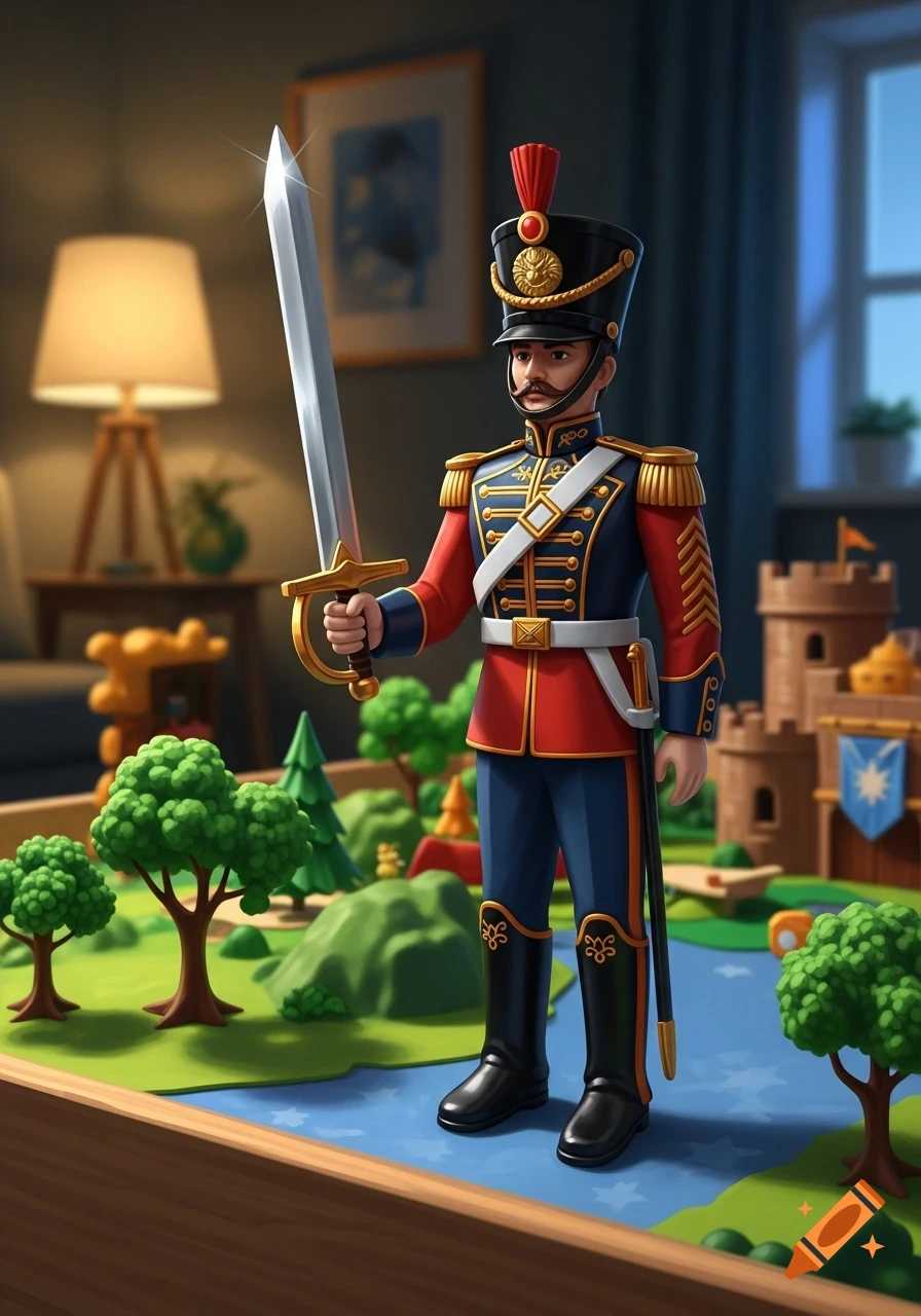 A toy soldier holding a broadsword stands on a miniature landscape with trees, a river, and a castle in a colorful illustration style.