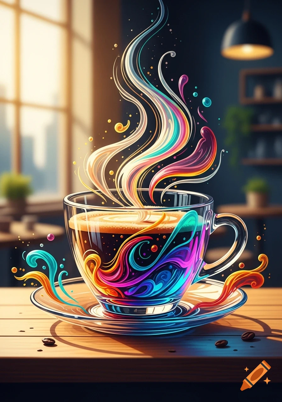 A clear glass coffee cup with vibrant rainbow-colored swirls of liquid and steam, on a wooden table in a sunlit interior.