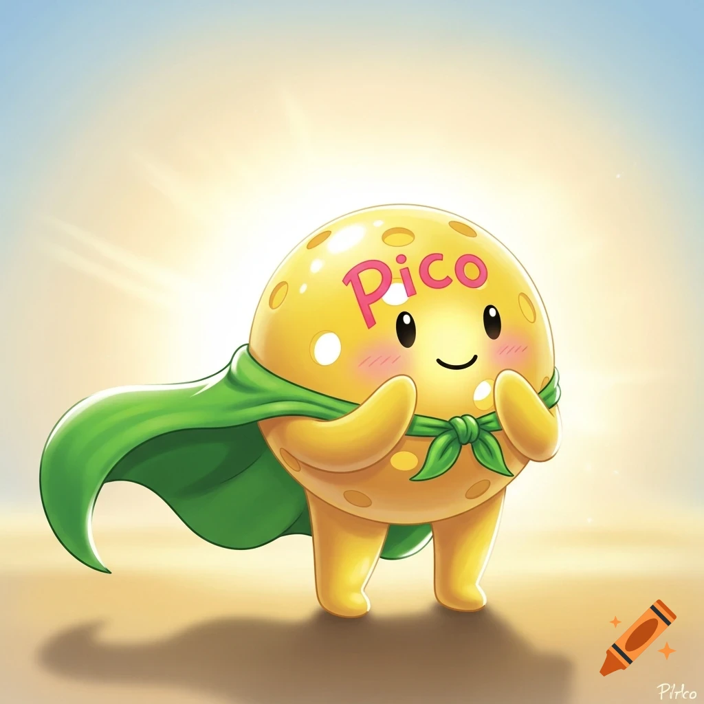 A cute yellow pickleball ball character named Pico, wearing a green cape, with a happy, blushing expression against a warm, glowing background.
