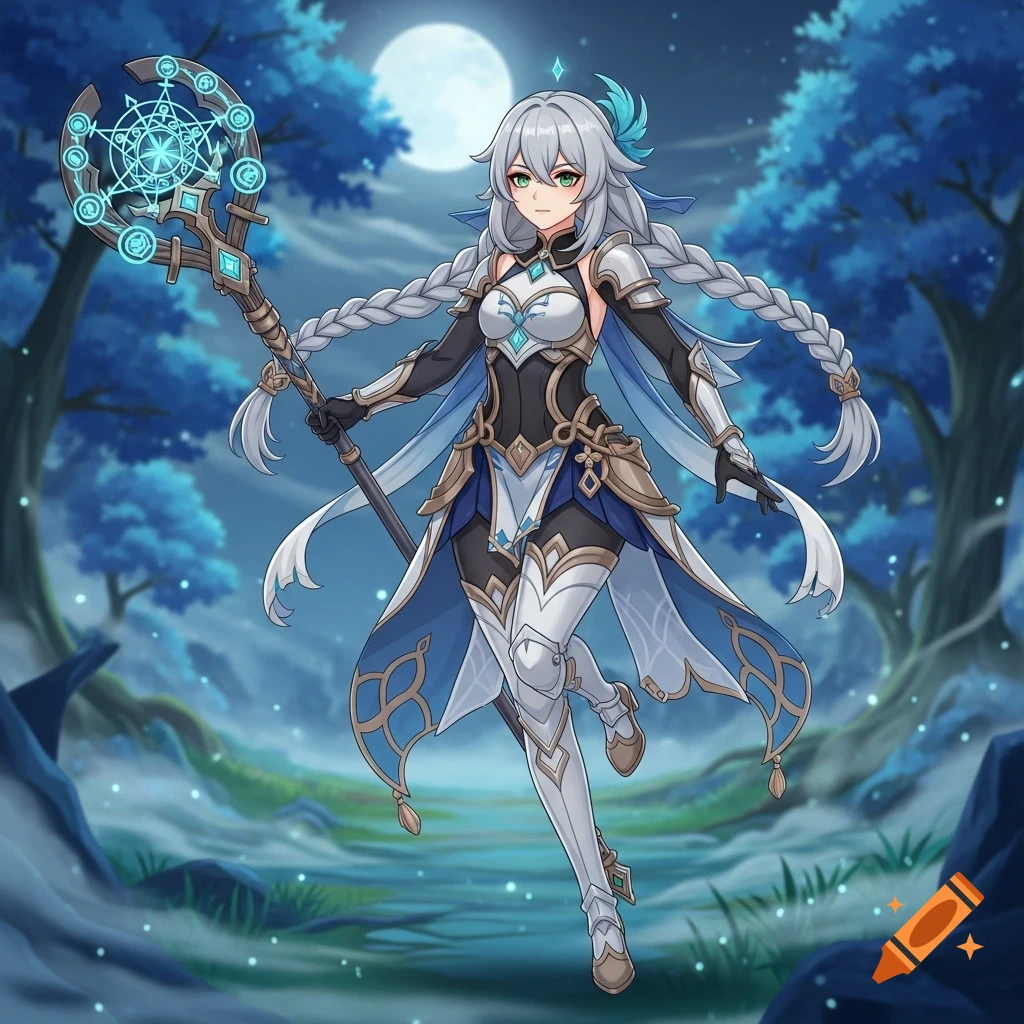 White-haired anime character in a blue and white fantasy outfit, holding a glowing staff, stands in a magical forest under a full moon.