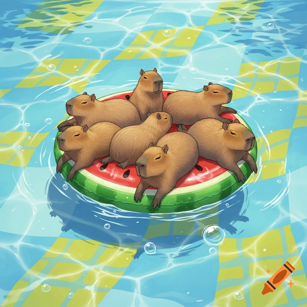 Illustration of seven capybaras relaxing on a watermelon-shaped pool float in a blue swimming pool with a yellow checkered bottom.