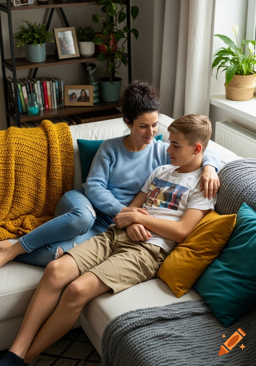 A woman with her arm around a teenage boy, both seated on a white sofa in a cozy living room.
