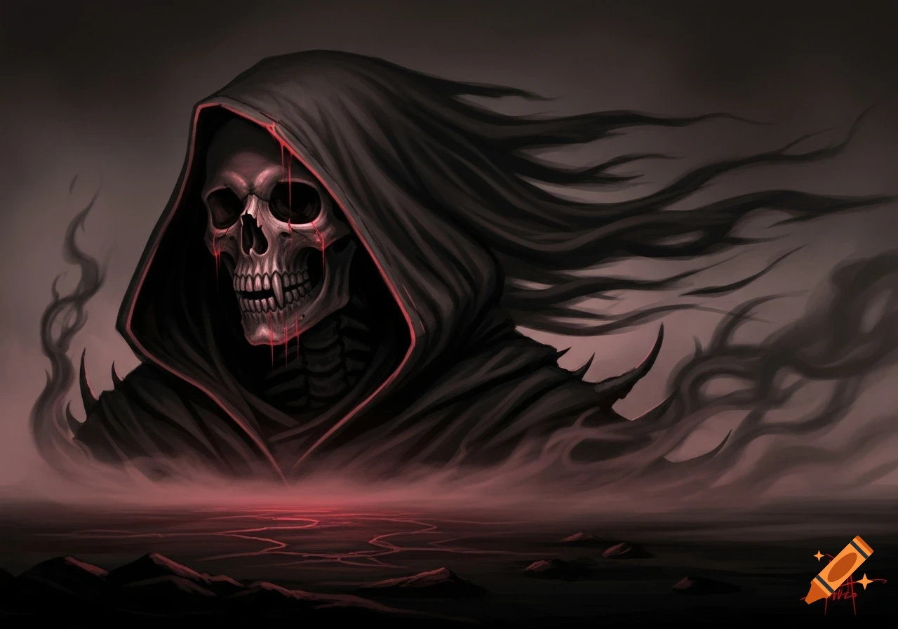 Ominous skeletal figure in a dark flowing hooded cloak with red glowing eyes and mouth, over misty ground with red cracks.