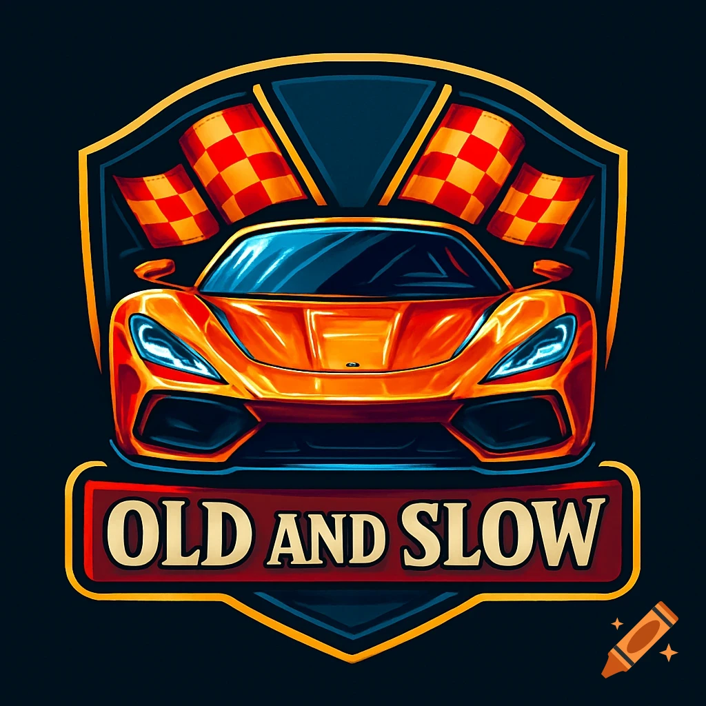Stylized orange hypercar logo with racing flags and text 'OLD AND SLOW'.