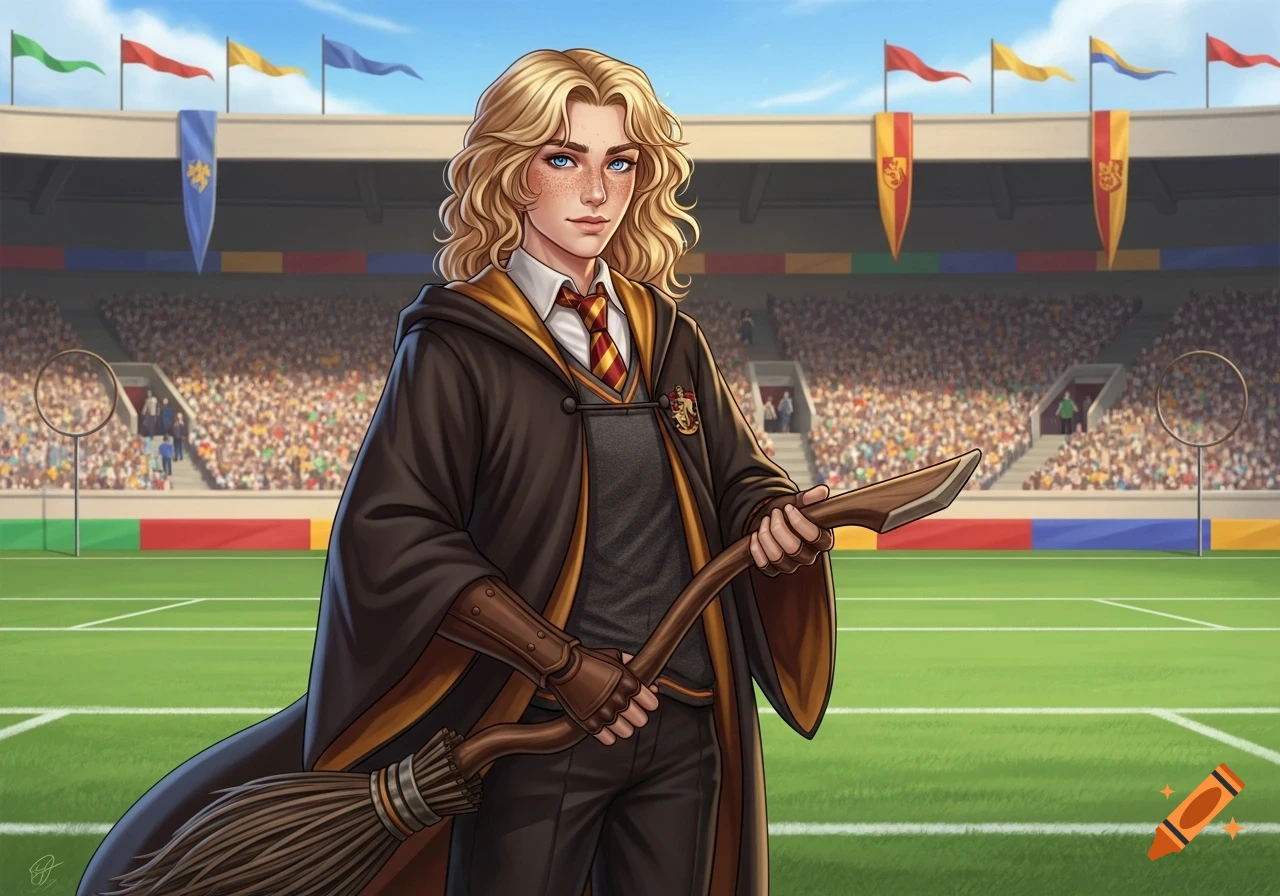 A detailed illustration of a blonde person in Gryffindor robes holding a broom on a Quidditch field in a stadium filled with spectators.