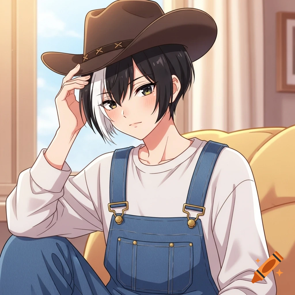 An anime character with black hair and a white streak, wearing a cowboy hat and denim overalls, sitting in a sunny room.