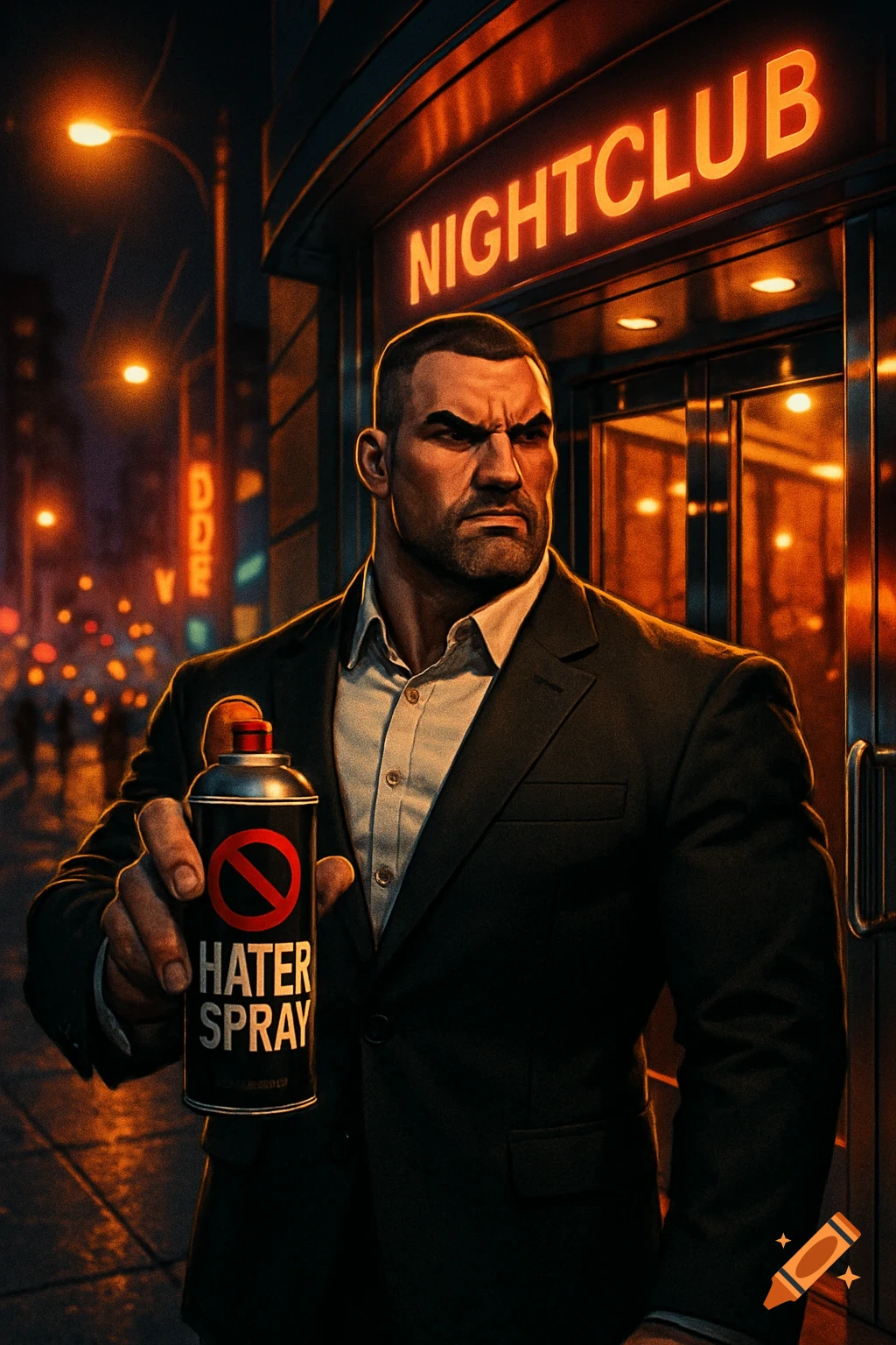 A stern man in a suit holds a "HATER SPRAY" can outside a glowing "NIGHTCLUB" sign at night, in an illustrative style.