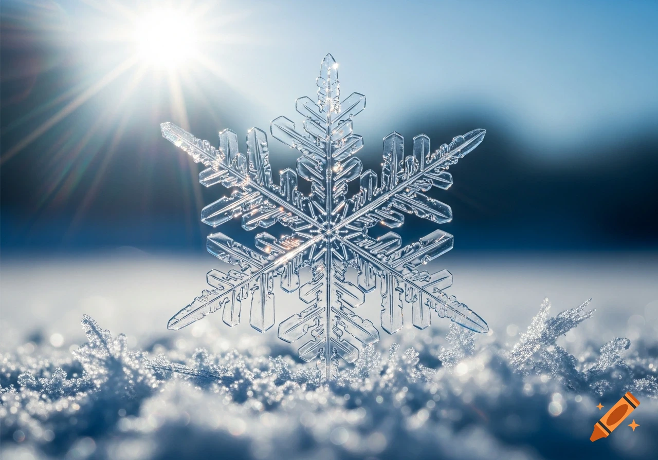 A detailed, photorealistic close-up of a perfectly formed snowflake made of ice, glistening on a frosty surface under bright sunlight.