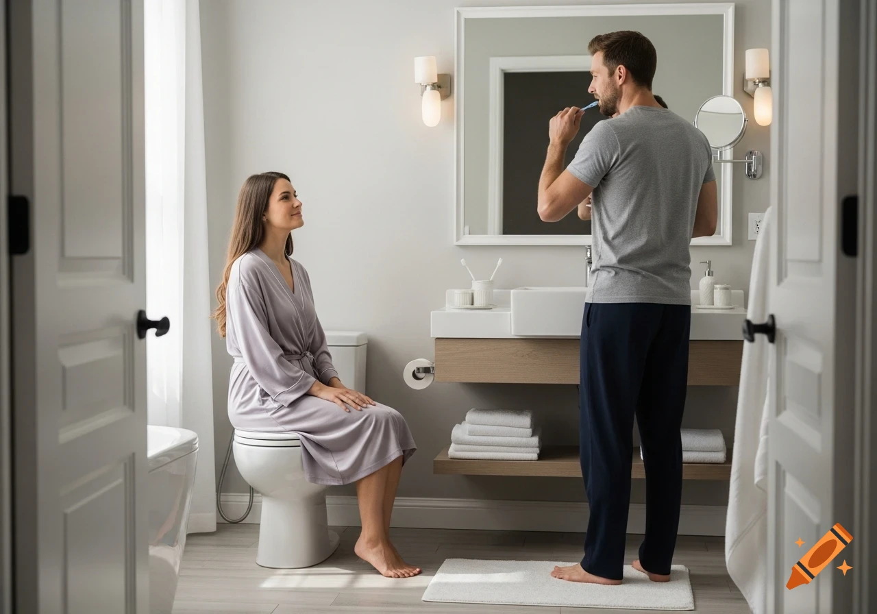 A couple in a modern bathroom, the woman sits on the toilet while the man brushes his teeth at the sink in a photorealistic style.