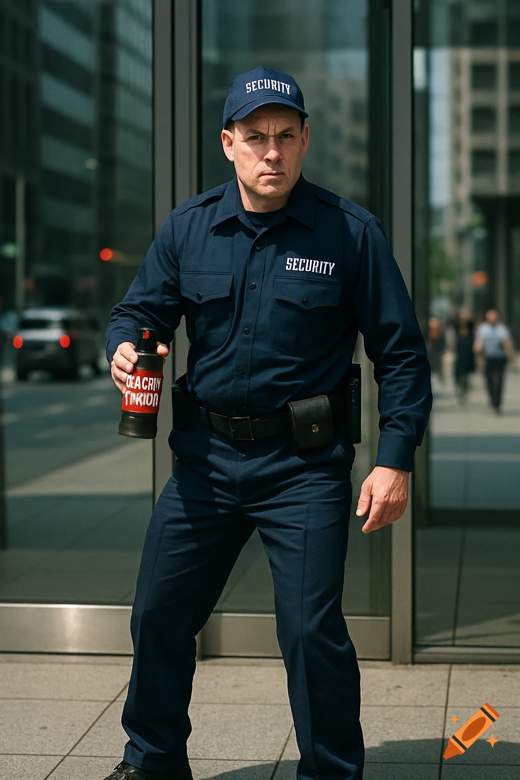 A serious security guard in a navy uniform and cap stands in front of a modern office building, holding a pepper spray can.