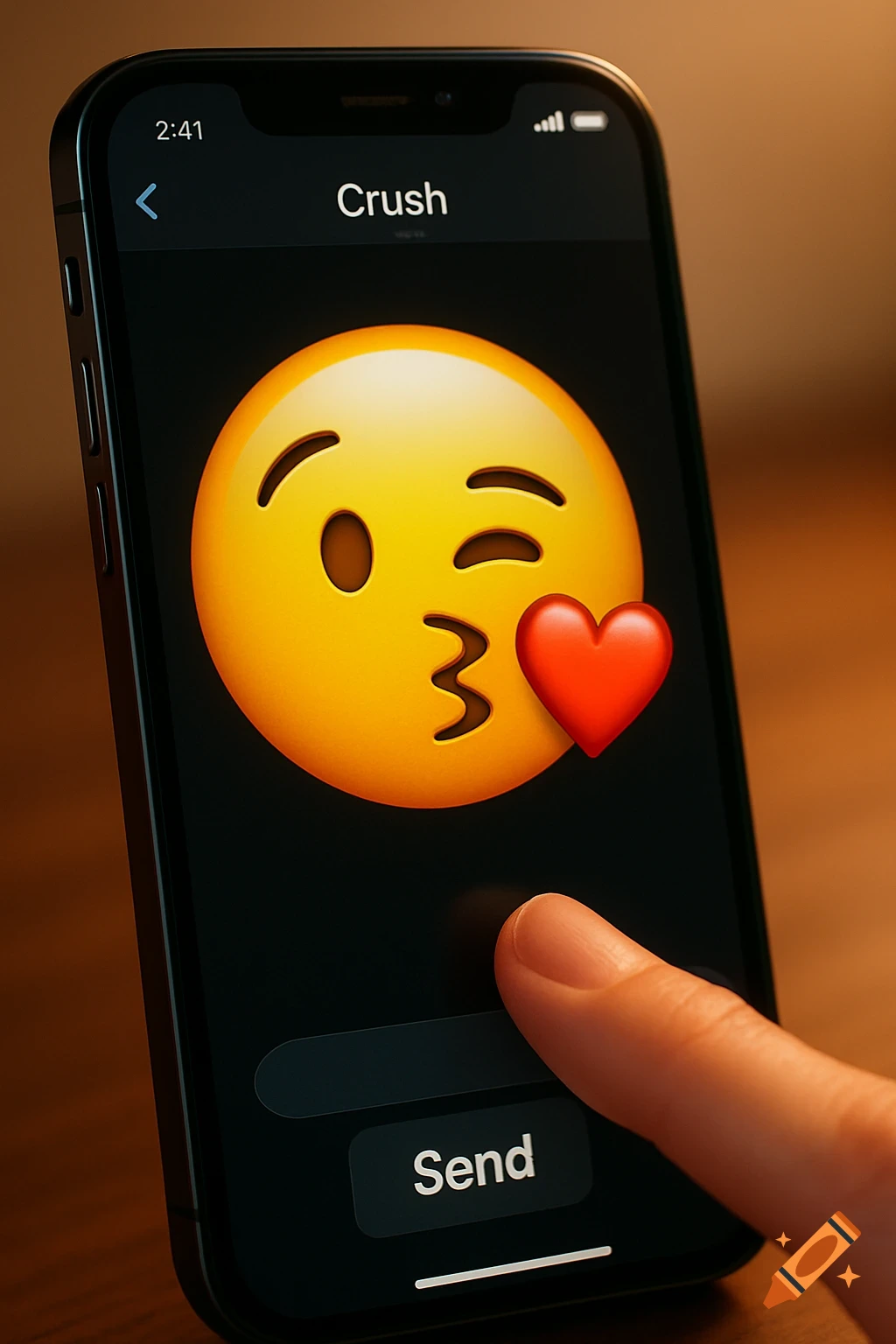 A finger taps the 'Send' button on an iPhone displaying a kissing emoji and the contact 'Crush' with a heart.