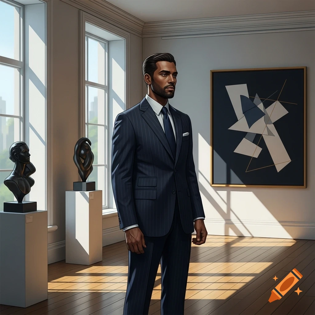 A man in a dark pinstripe suit stands in a sunlit art gallery with sculptures and an abstract painting.