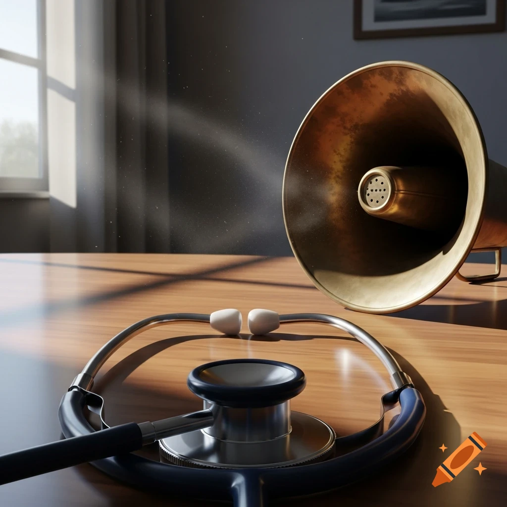 A photorealistic image of a stethoscope lying on a wooden table with a large golden megaphone standing behind it, illuminated by sunlight.