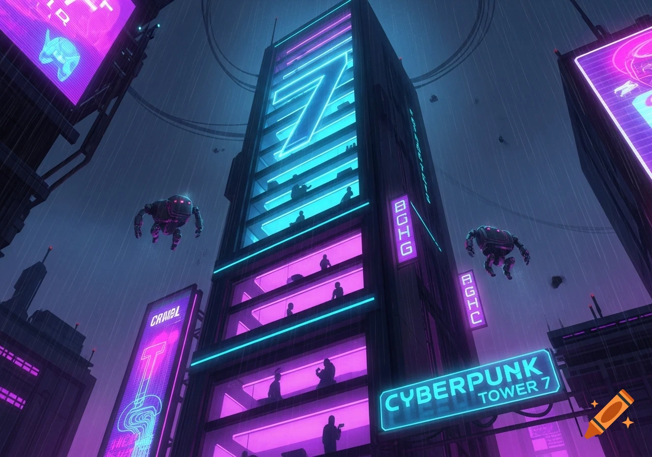 A low-angle view of a futuristic cyberpunk city at night with neon-lit ...