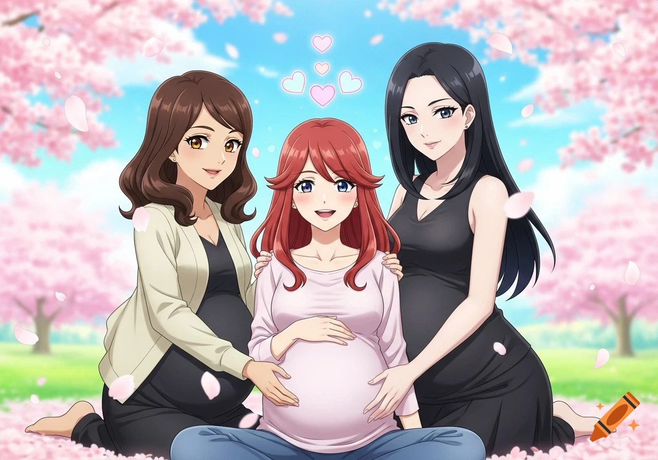 Three anime pregnant women, one redhead in the center embraced by two others, sitting among cherry blossoms with hearts floating above.