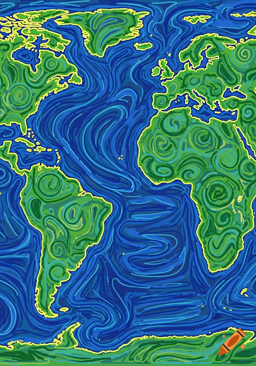 A vibrant, stylized scribble map of Earth, with continents outlined in yellow and filled with green swirls, and oceans filled with blue swirls.