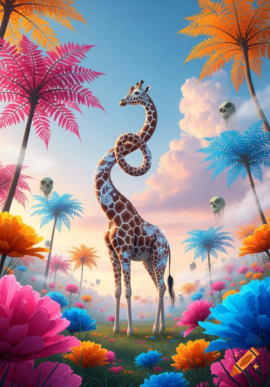 A whimsical giraffe with a coiled neck and glowing patterns in a vibrant, surreal landscape with colorful flowers, palms, and floating skulls.