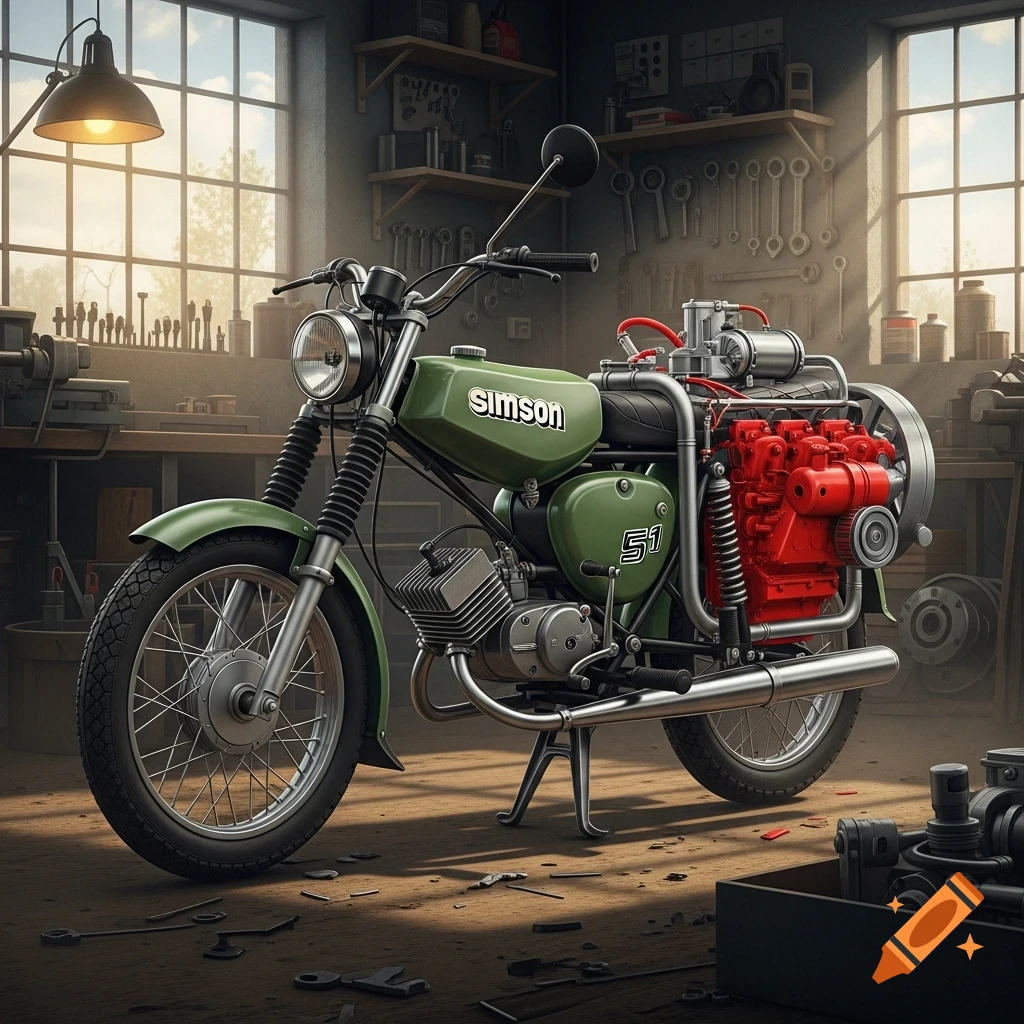 A vintage green Simson S51 moped with a large red ship diesel engine custom-mounted on its frame, parked in a sunlit workshop with tools on the walls.