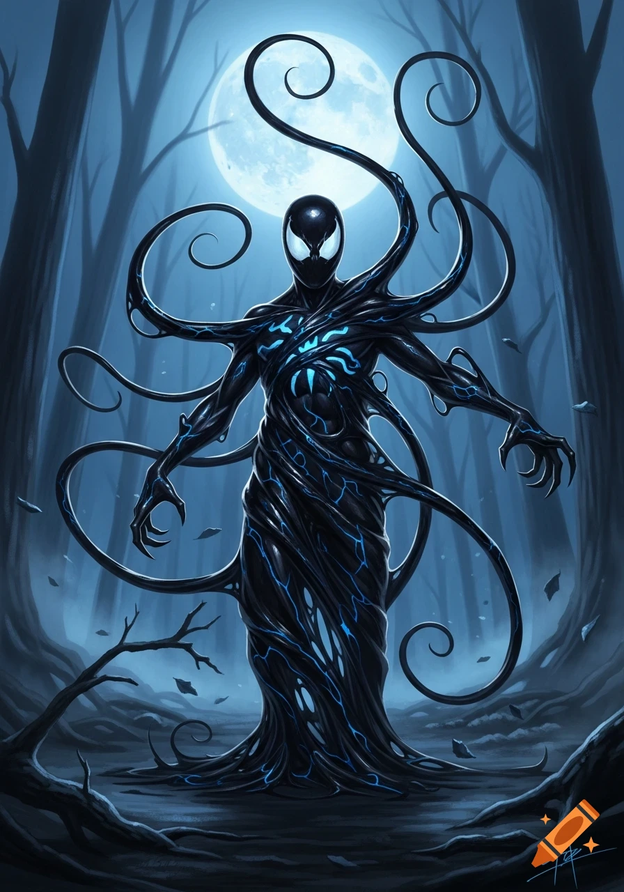A menacing black symbiote with blue glowing lines and tendrils stands in a dark, moonlit forest, with a large full moon behind it, in a comic book illustration style.