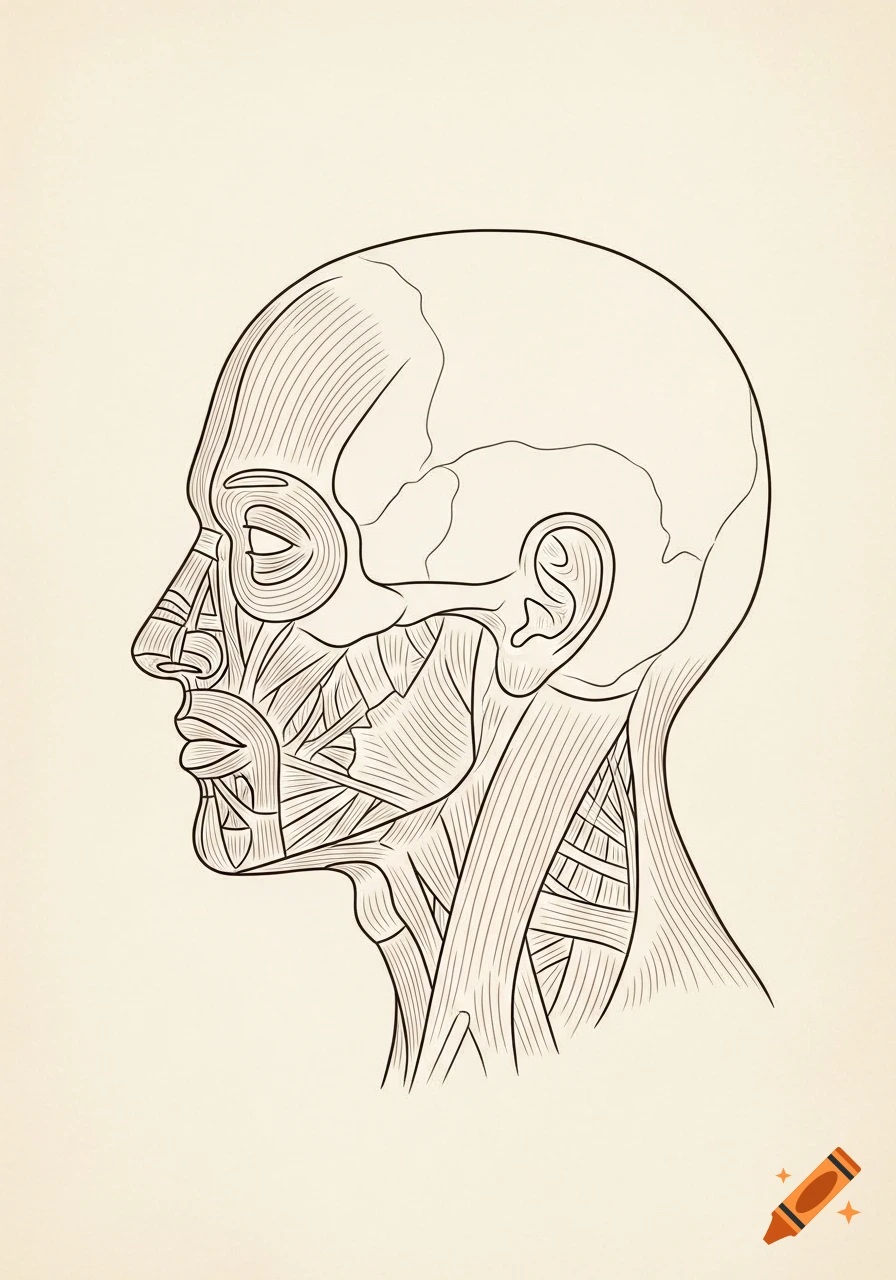 Minimalist anatomical line drawing of a human head and neck in profile, showing muscles and bone structure.
