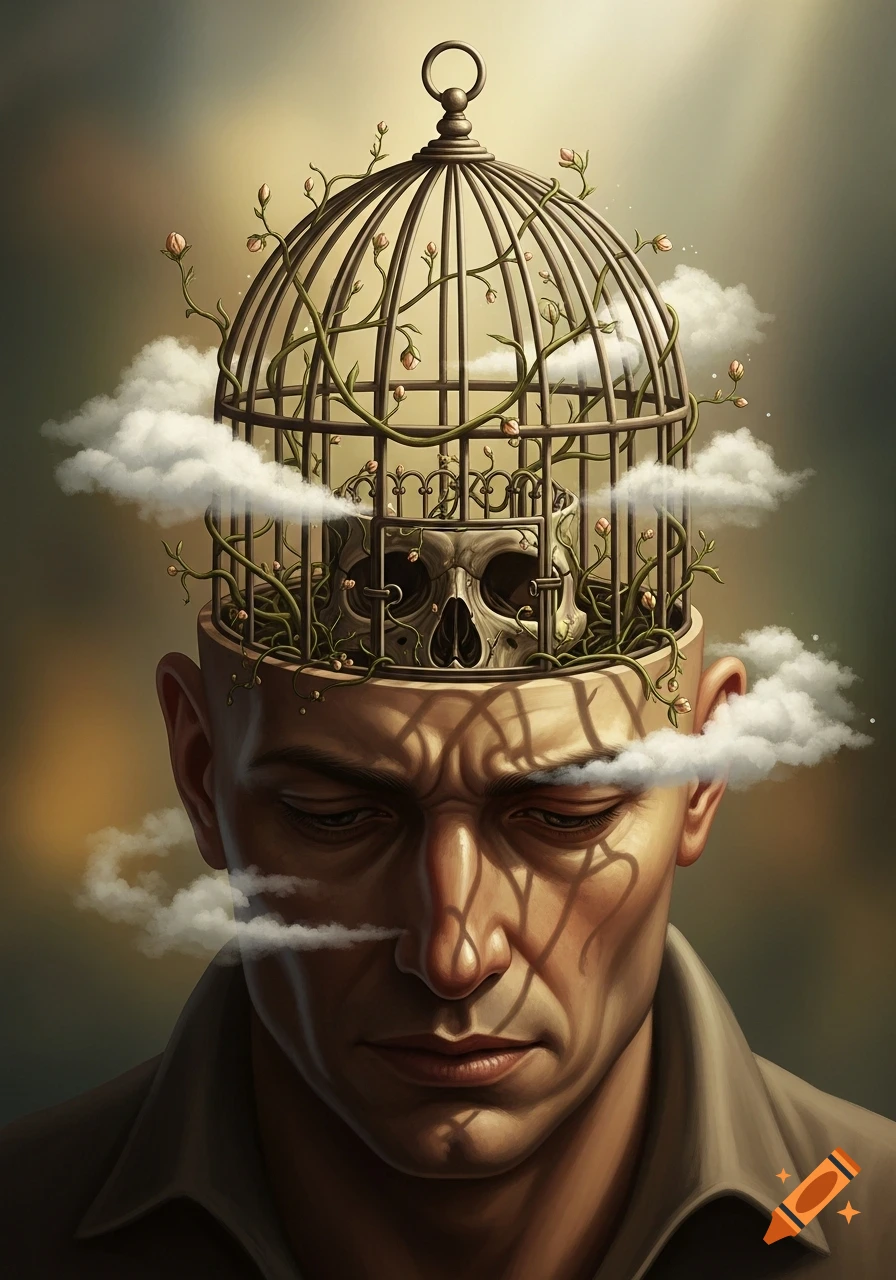 A man with a birdcage containing a skull, vines, and clouds emerging from his head, in a surreal, detailed art style.