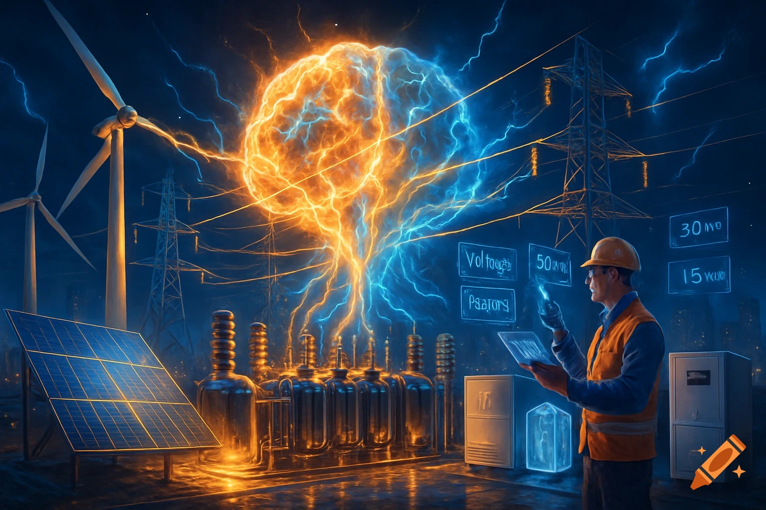 A futuristic engineer monitors a glowing brain-like energy network with wind turbines, solar panels, and power lines under a stormy sky.