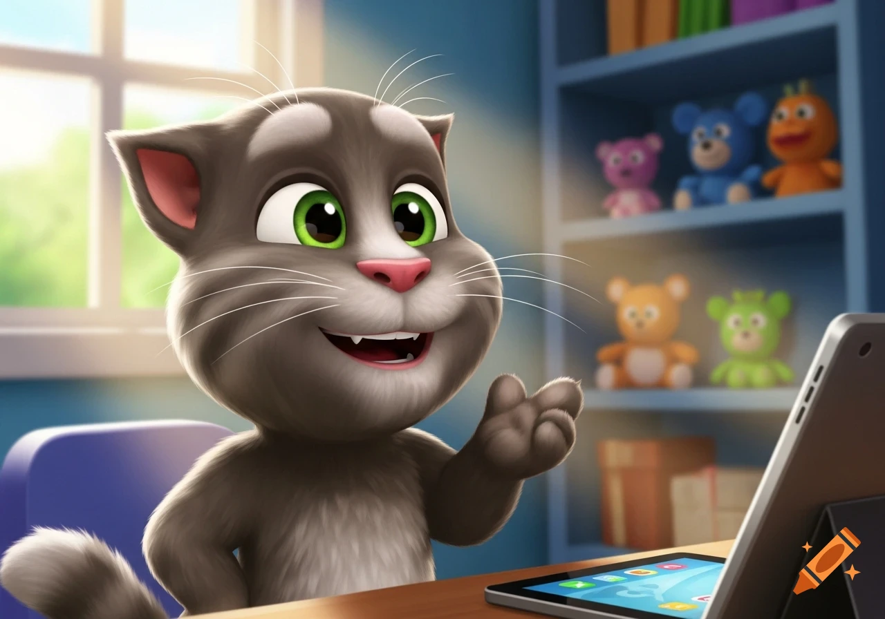 A cartoon gray cat resembling Talking Tom smiles and gestures towards a tablet, with shelves of colorful plush toys behind him.