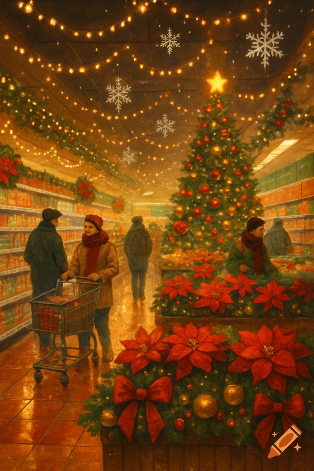 A painting of people shopping in a brightly lit supermarket decorated for Christmas, with a large Christmas tree and poinsettias.