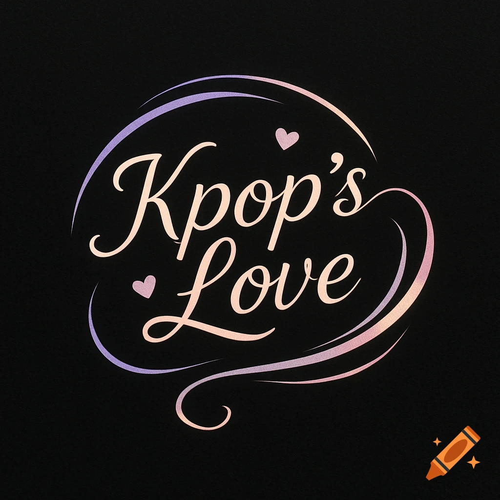 Elegant 'Kpop's Love' logo in script font with hearts, framed by curved lines, on a black background.