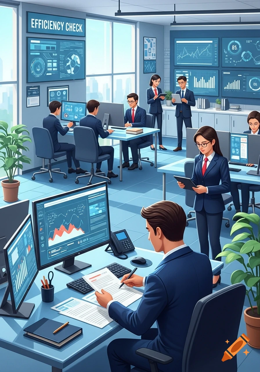 Business professionals in a modern office, analyzing data on multiple computer screens and documents, with 'EFFICIENCY CHECK' displayed.