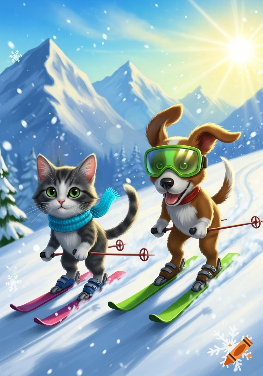 A cute cartoon cat and dog ski down a snowy mountain, with the sun shining brightly in the sky.