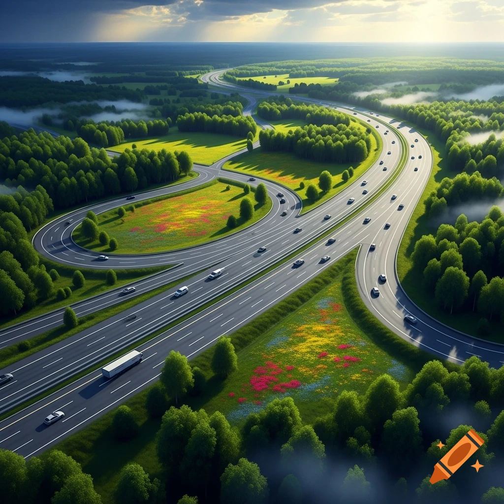 Aerial view of a complex highway interchange winding through a lush green landscape with patches of wildflowers under a partly cloudy sky.